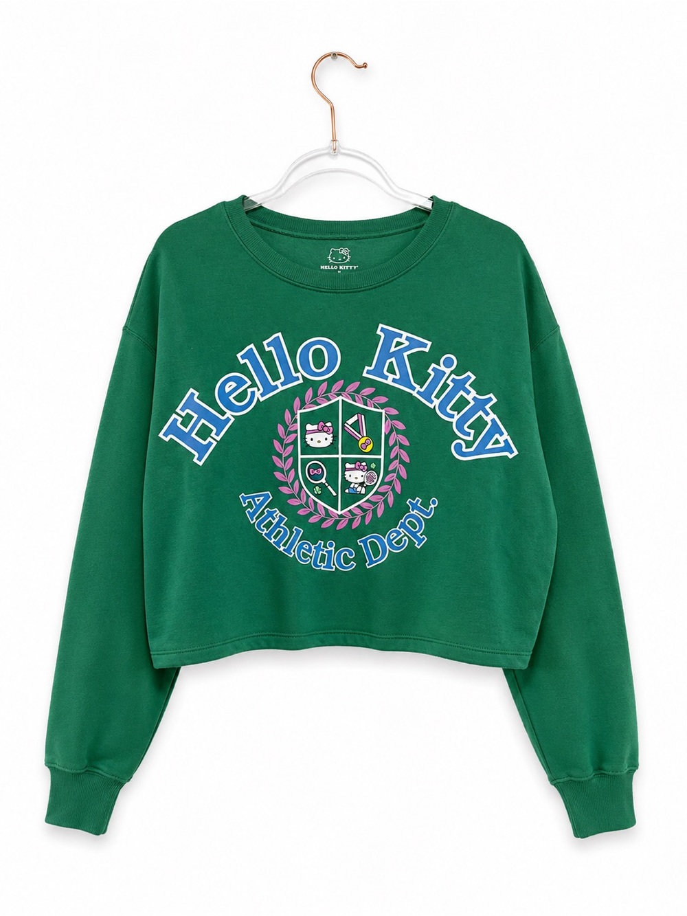 Hello Kitty Green Cropped Crewneck with Blue and Pink Crest